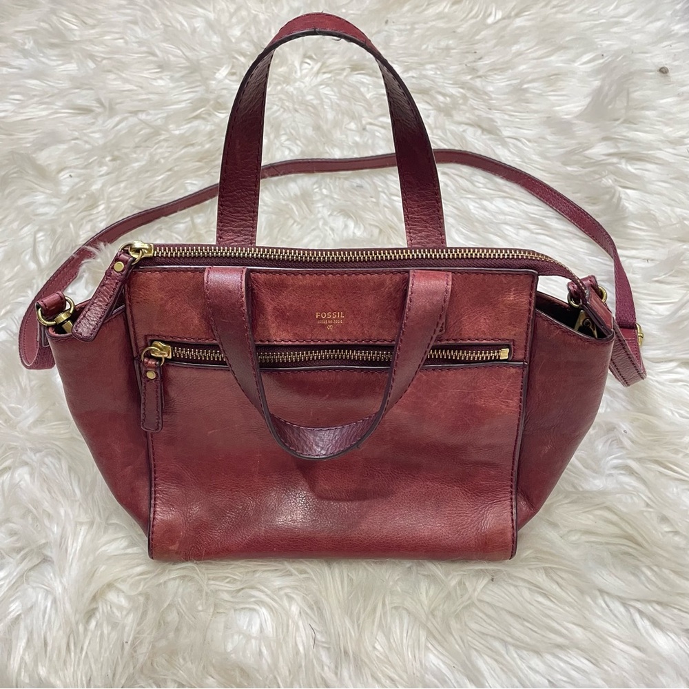 Fossil Tessa Satchel Smooth Leather Bag Burgundy Medium Size Removable Strap